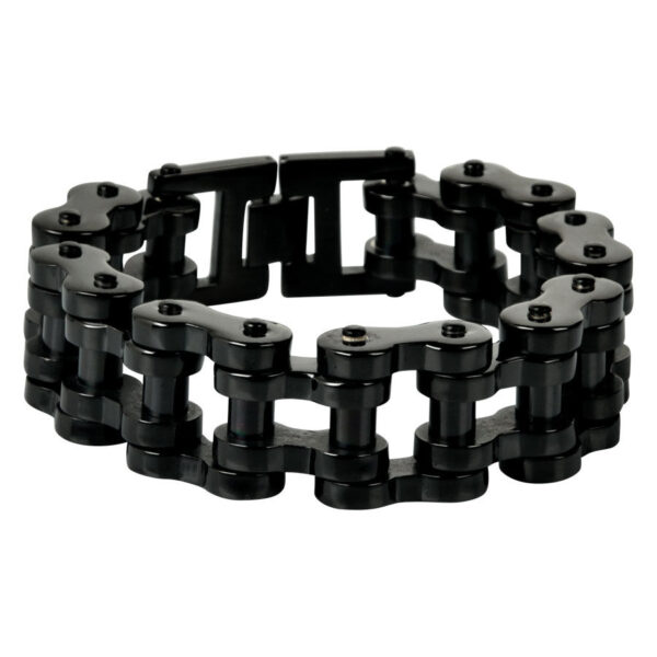 Pulsera Bikechain negra de acero quirúrgico 316L sobre fondo blanco