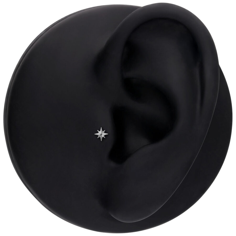 Accesorio plateado en forma de estrella en un modelo de oreja negro, entorno de estudio