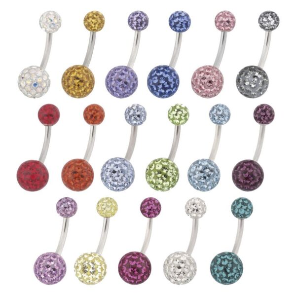 Varios Banana Bells de titanio para ombligo con cristales de colores sobre fondo blanco