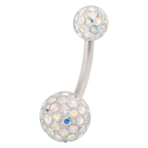 Piercing de titanio para ombligo con cristales Aurora Boreale sobre fondo blanco
