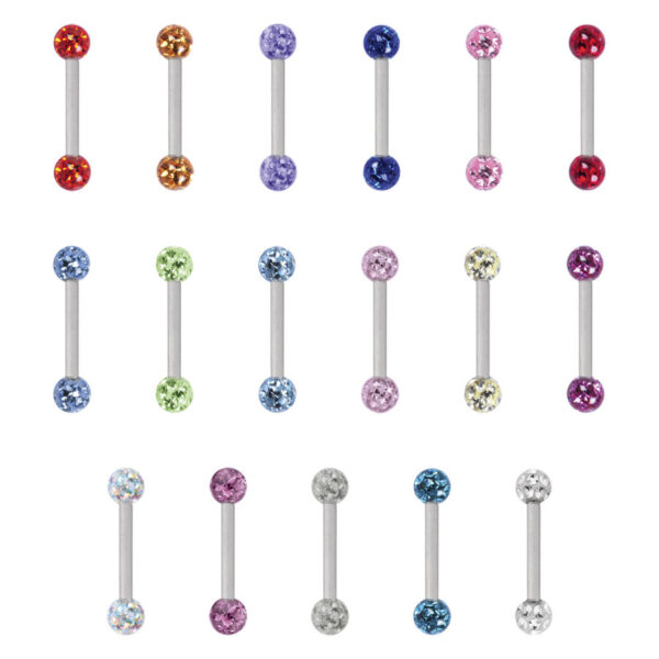 Dieciséis piercings barbells de titanio coloridos, cada uno con dos bolas de cristal en diferentes colores, sobre fondo blanco.