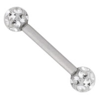 Piercing de titanio plateado con cristales Piercing barbell plateado con bolas de cristal brillantes sobre fondo blanco