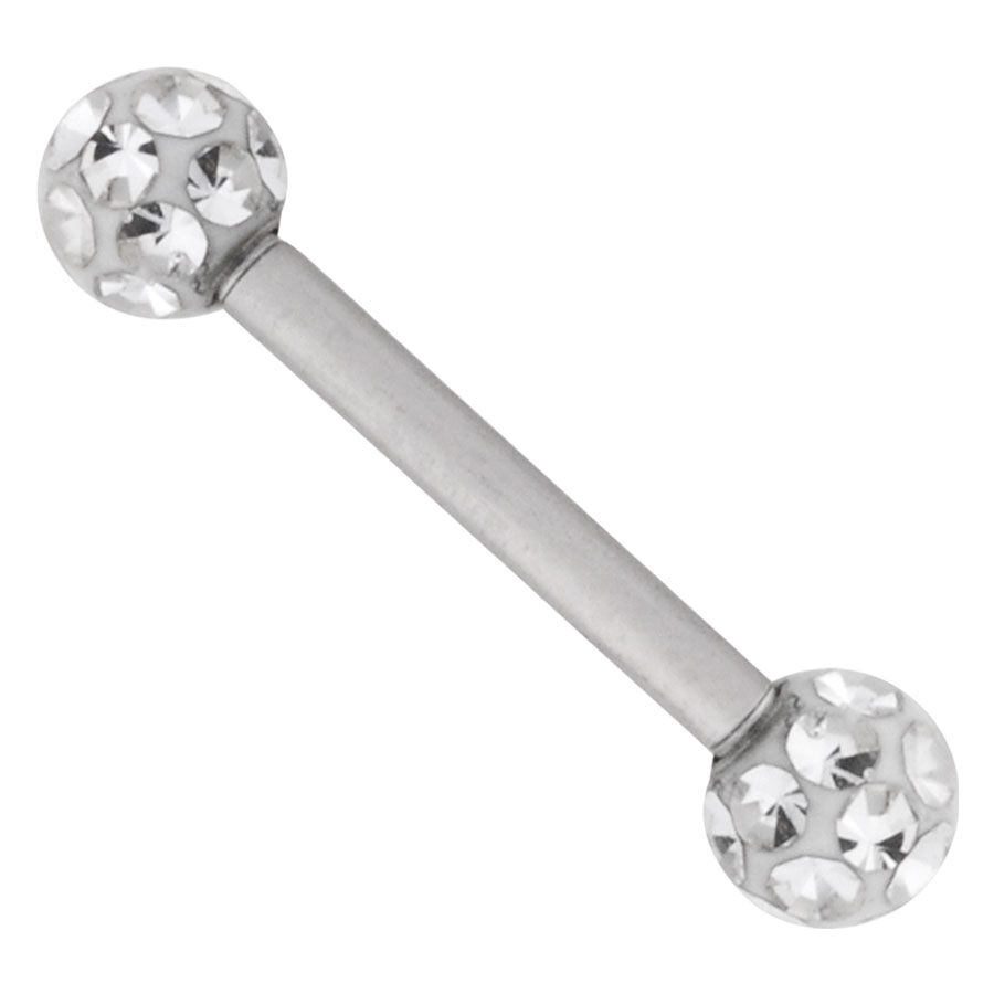 Piercing de titanio plateado con cristales Piercing barbell plateado con bolas de cristal brillantes sobre fondo blanco