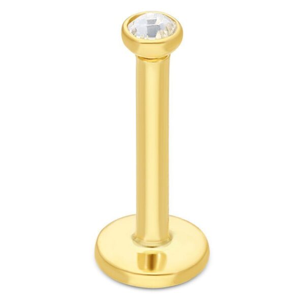 Labret dorado de oro 750 con piedra cristalina sobre fondo blanco