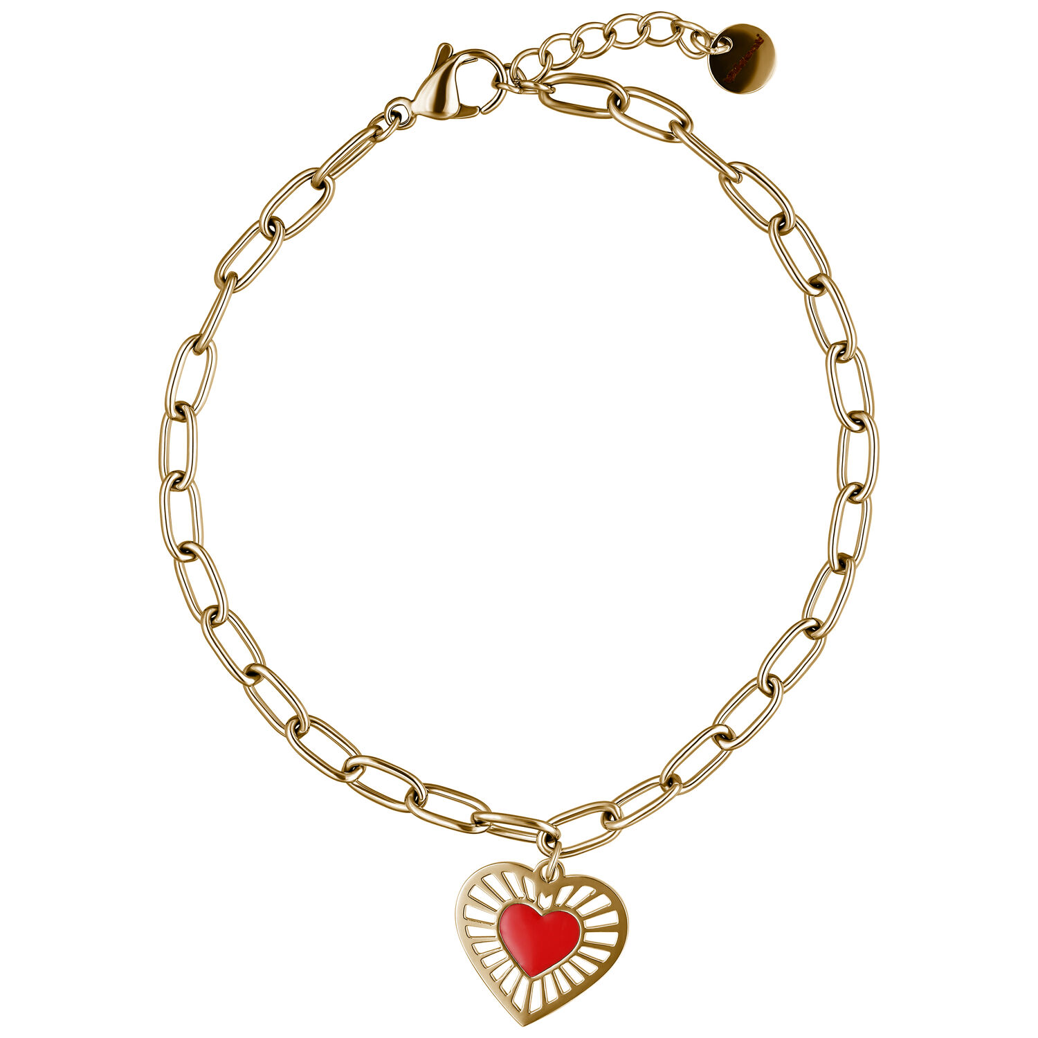 Pulsera Sacred Heart en metal dorado Pulsera dorada con colgante de corazón rojo sobre fondo blanco