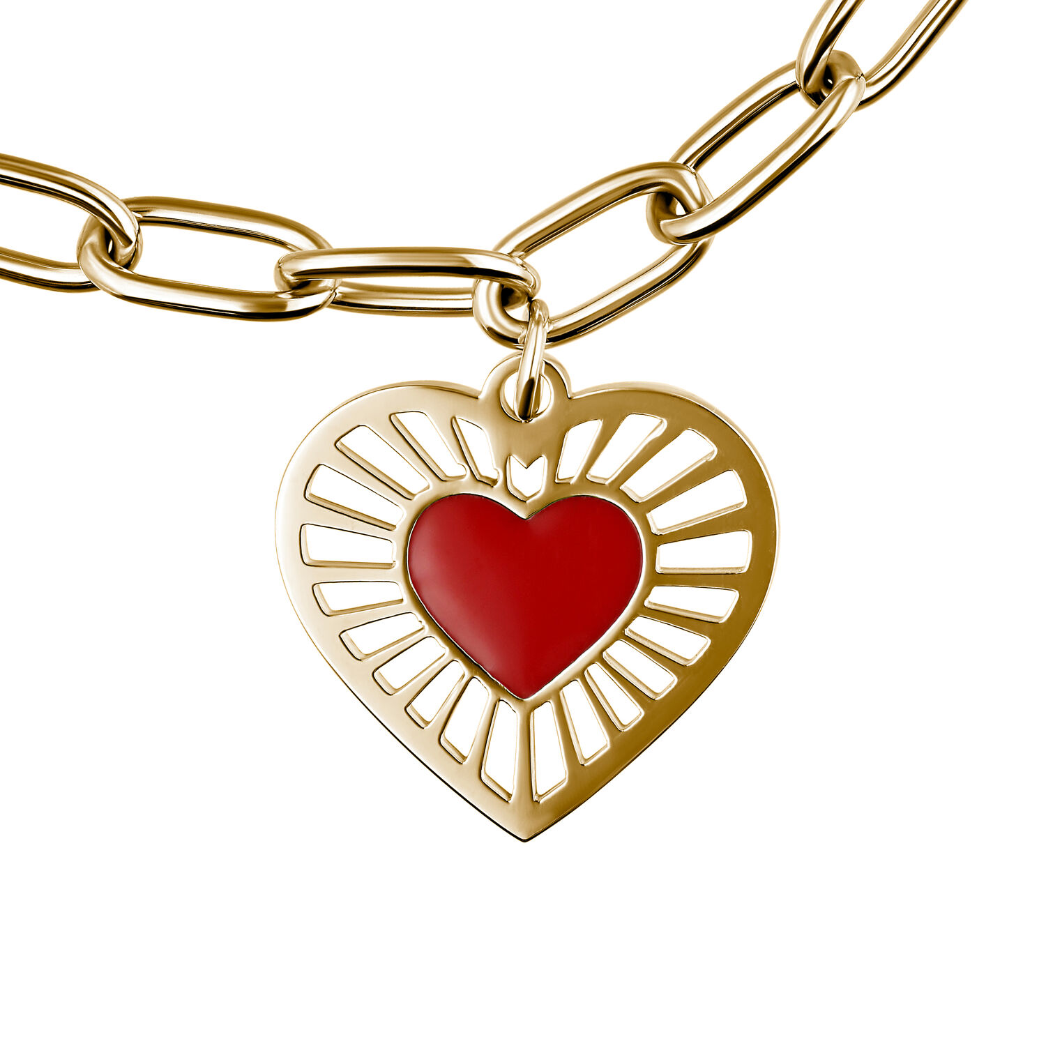Golden Sacred Heart Pulsera con corazón rojo Pulsera dorada con colgante de corazón rojo sobre fondo blanco