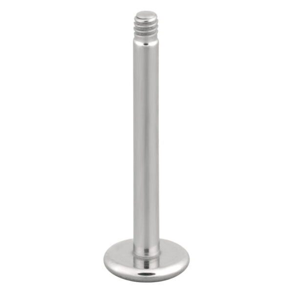 Barra Labret plateada con rosca externa de acero quirúrgico sobre fondo blanco