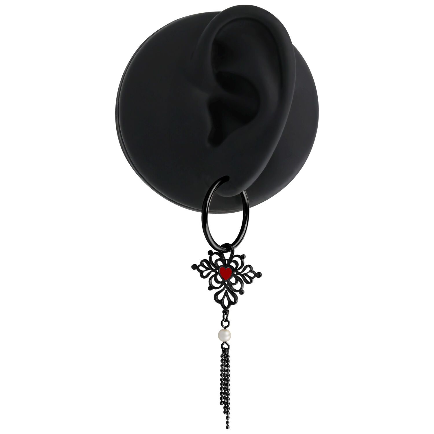 Schwarze Sacred Heart Ohrringe mit Anhänger Schwarzer Sacred Heart Hoop-Ohrring mit rotem Herz und Kette auf schwarzem Hintergrund