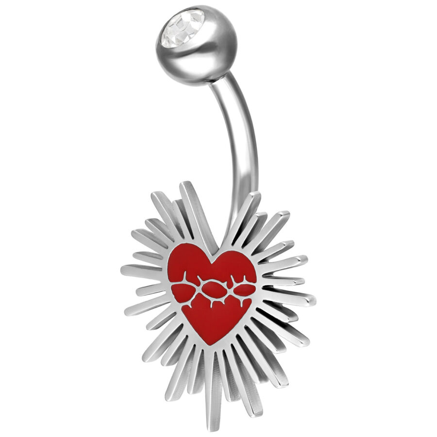 Banana de plata con diseño de corazón rojo y alambre de púas sobre fondo blanco