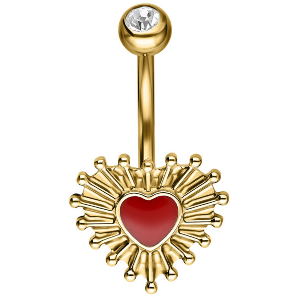 Banana Bell dorado con diseño de corazón rojo y cristal sobre fondo blanco