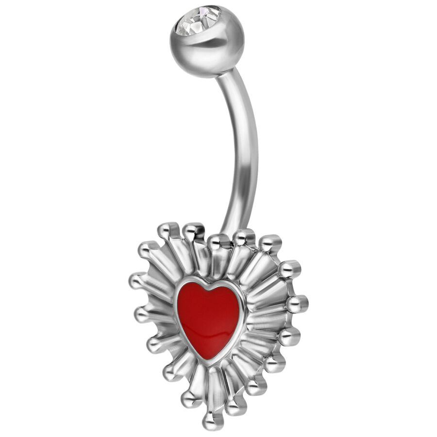 Banana de titanio plateada con corazón rojo y cristal sobre fondo blanco