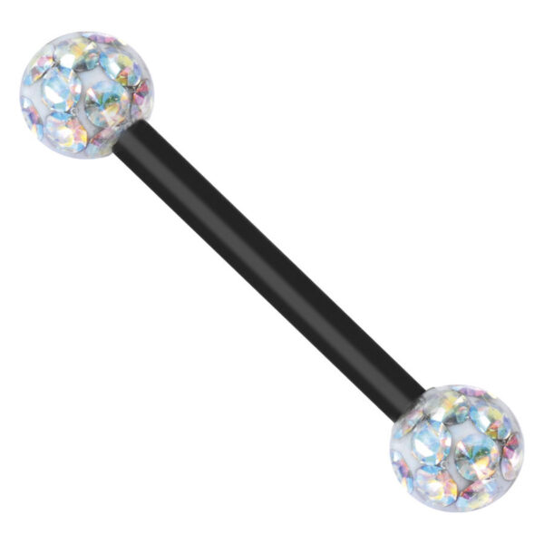 Barbell negro con dos bolas de cristal Aurora Boreale sobre fondo blanco
