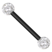 Piercing negro con bolas de cristal Barra negra con dos bolas adornadas con cristales claros sobre fondo blanco