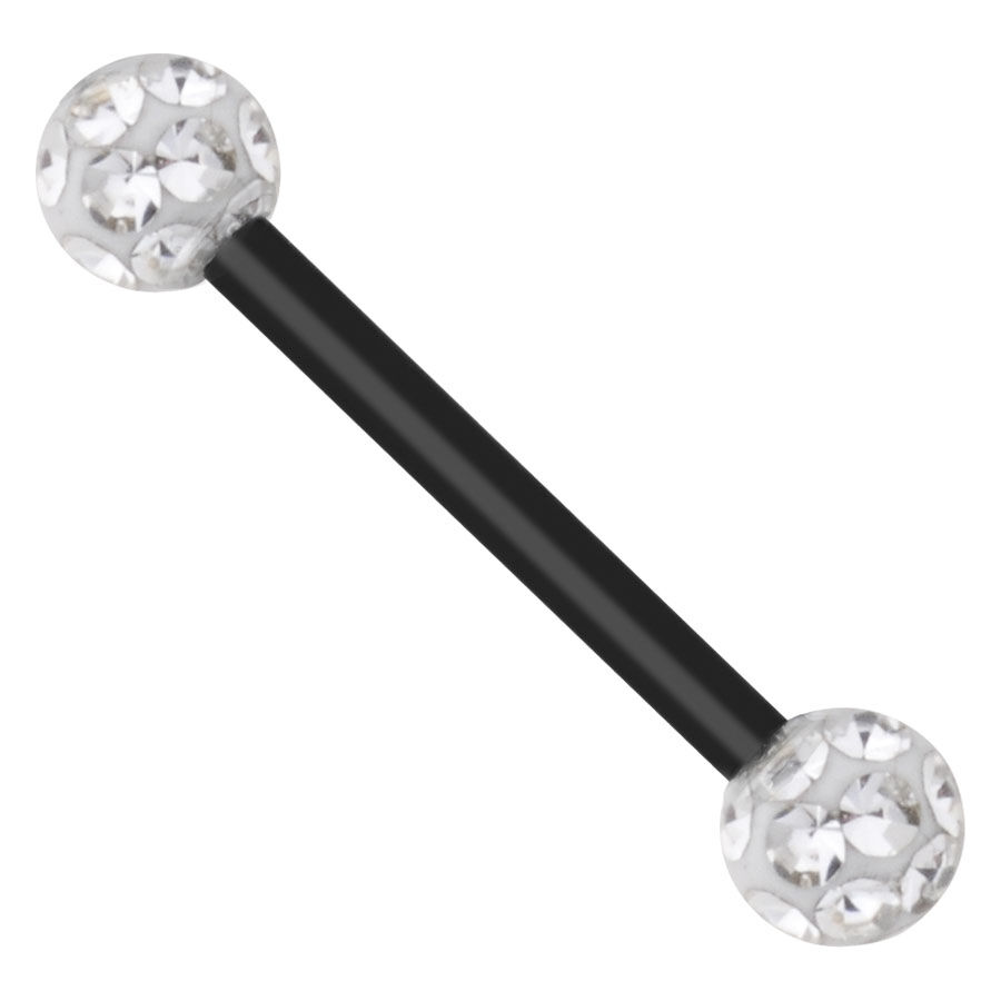 Piercing negro con bolas de cristal Barra negra con dos bolas adornadas con cristales claros sobre fondo blanco