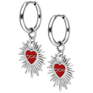 Par de Enamel Sacred Heart Barbed Wire Hoops - Plata