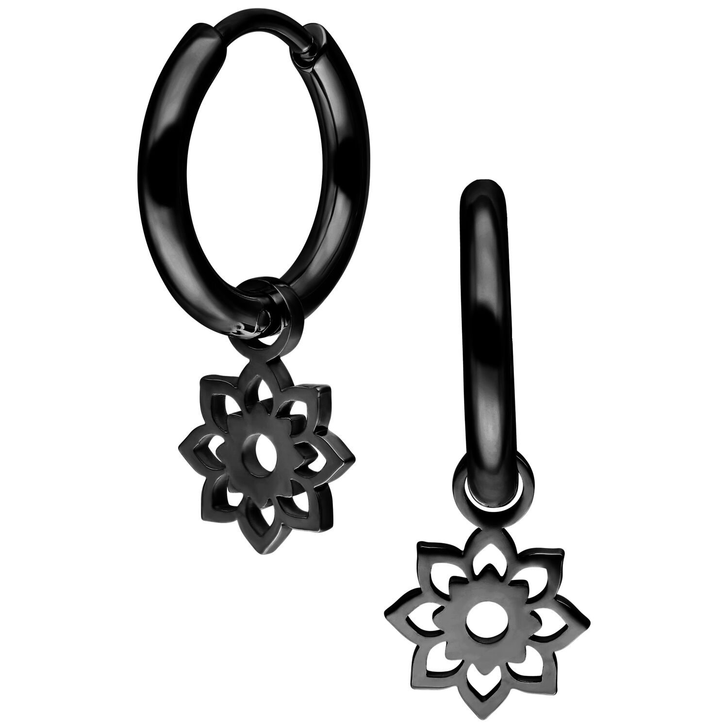 Schwarze Mini Flower Hoops Ohrringe auf weißem Hintergrund
