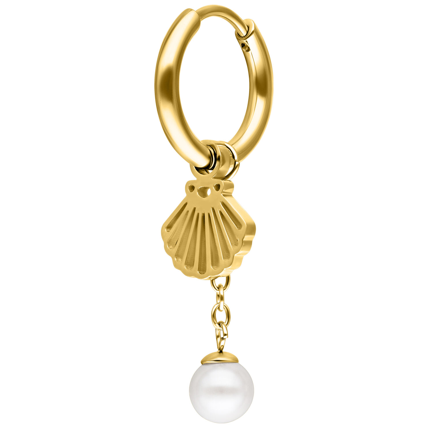 Mini aros dorados con concha y perla Aros dorados con colgante de concha y perla sobre fondo blanco