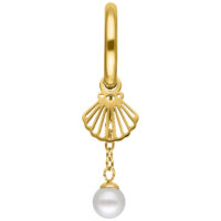 Mini aros con colgante de concha y perla en oro Aros dorados con colgante de concha y perla sobre fondo blanco