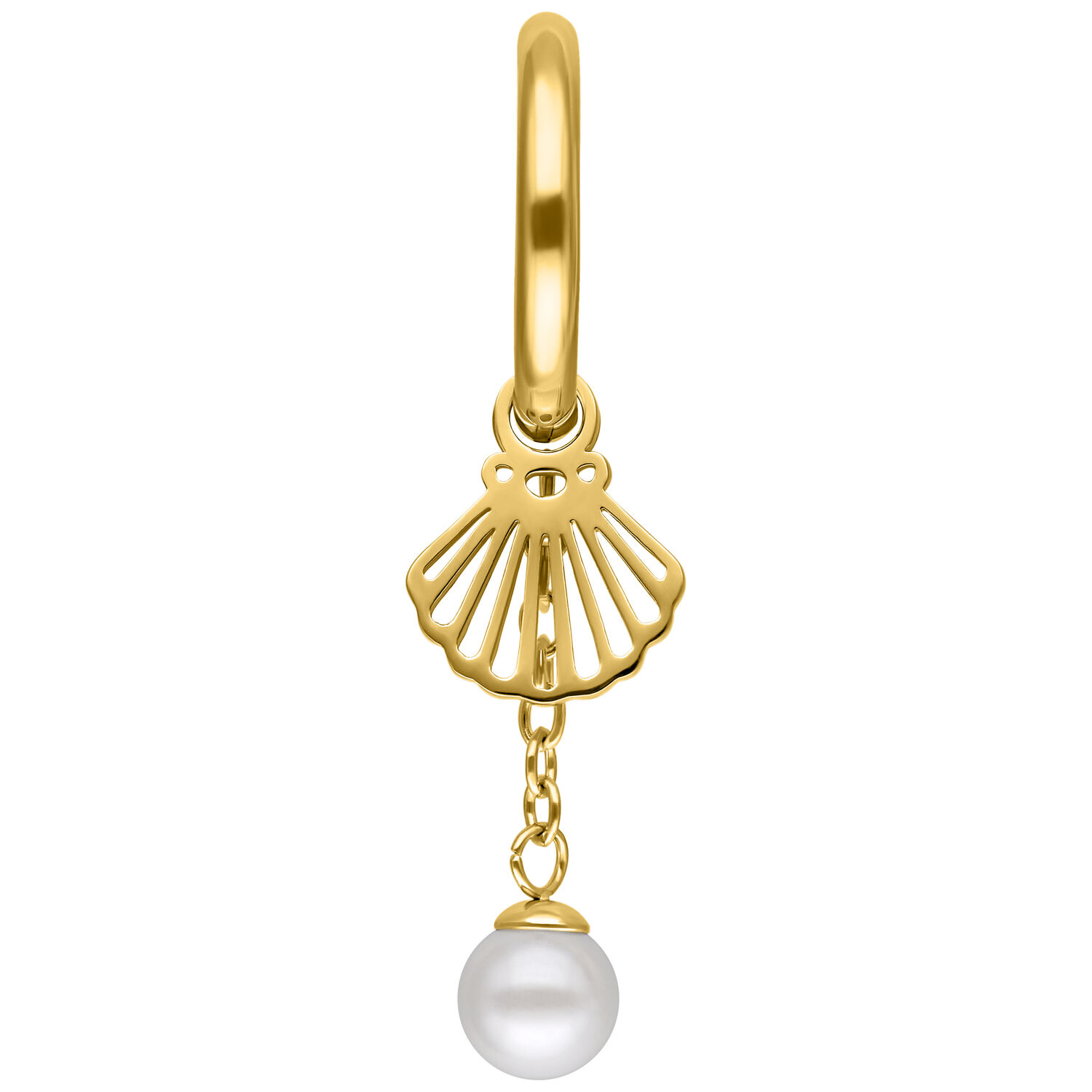 Mini aros con colgante de concha y perla en oro Aros dorados con colgante de concha y perla sobre fondo blanco