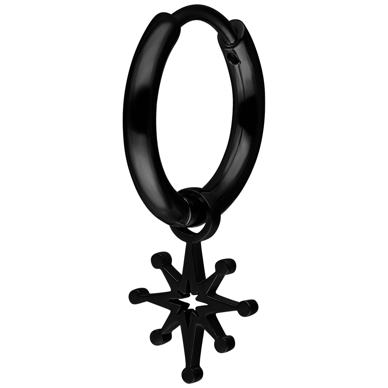 Schwarzer Mini Creolen-Ohrring mit sternförmigem Anhänger auf weißem Hintergrund