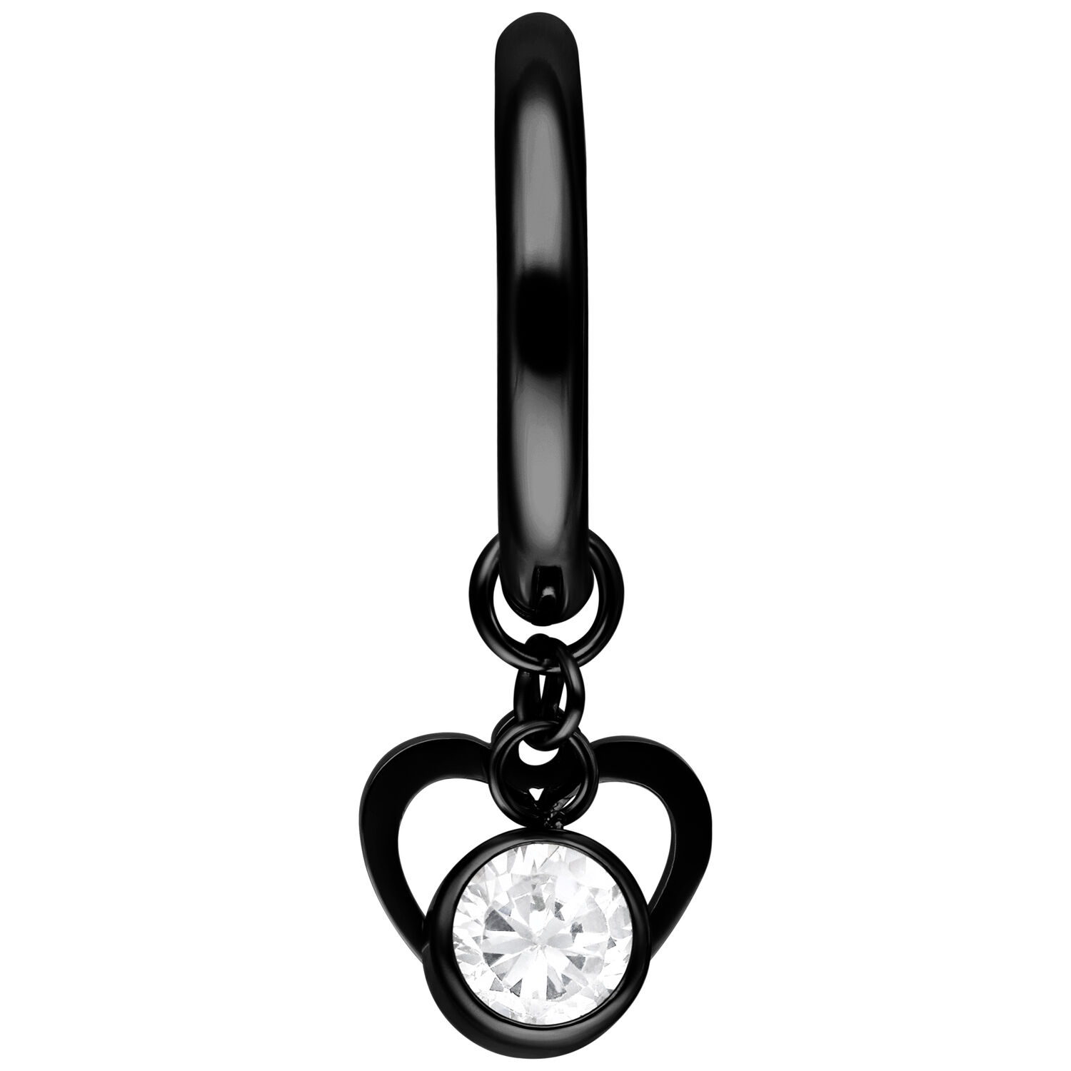 Schwarzer Ohrring aus Chirurgenstahl mit Herzdesign und Kristallanhänger vor weißem Hintergrund