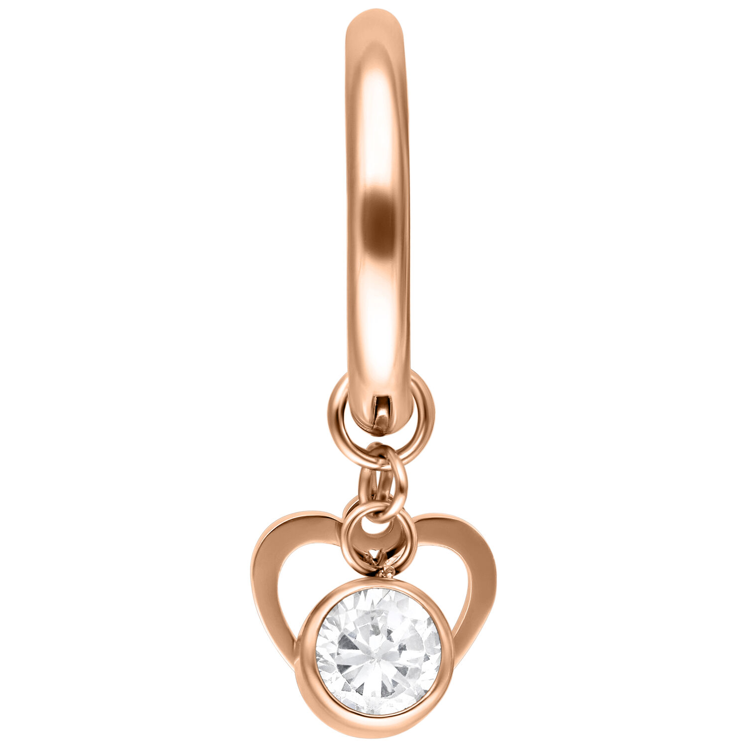 Roségoldene Ohrringe mit Mini Herz und Kristallanhänger auf weißem Hintergrund