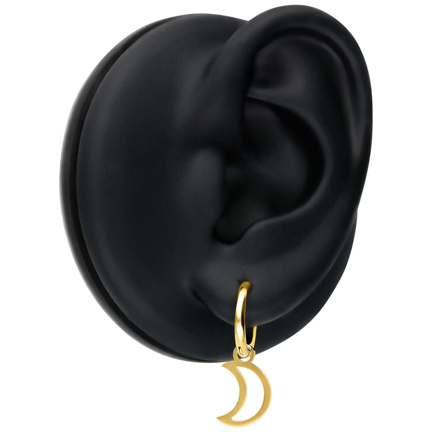 Mini Moon Hoops par en oro, alto brillo Pendientes Mini Moon dorados en modelo de oreja negra sobre fondo blanco