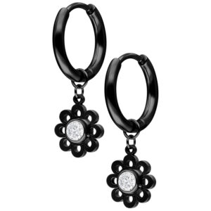 Par de Mini Crystal Flower Hoops - Negro