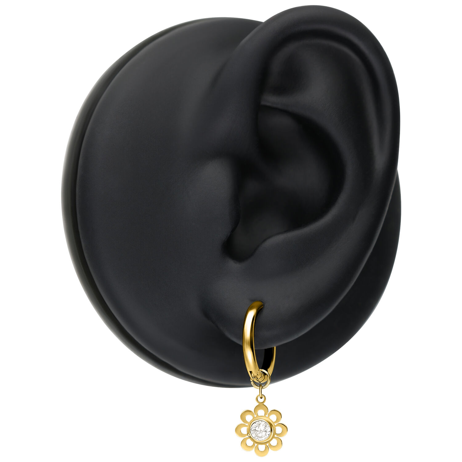 Aros Mini Crystal Flower Dorados Aros dorados con colgante de flor en modelo de oreja negra