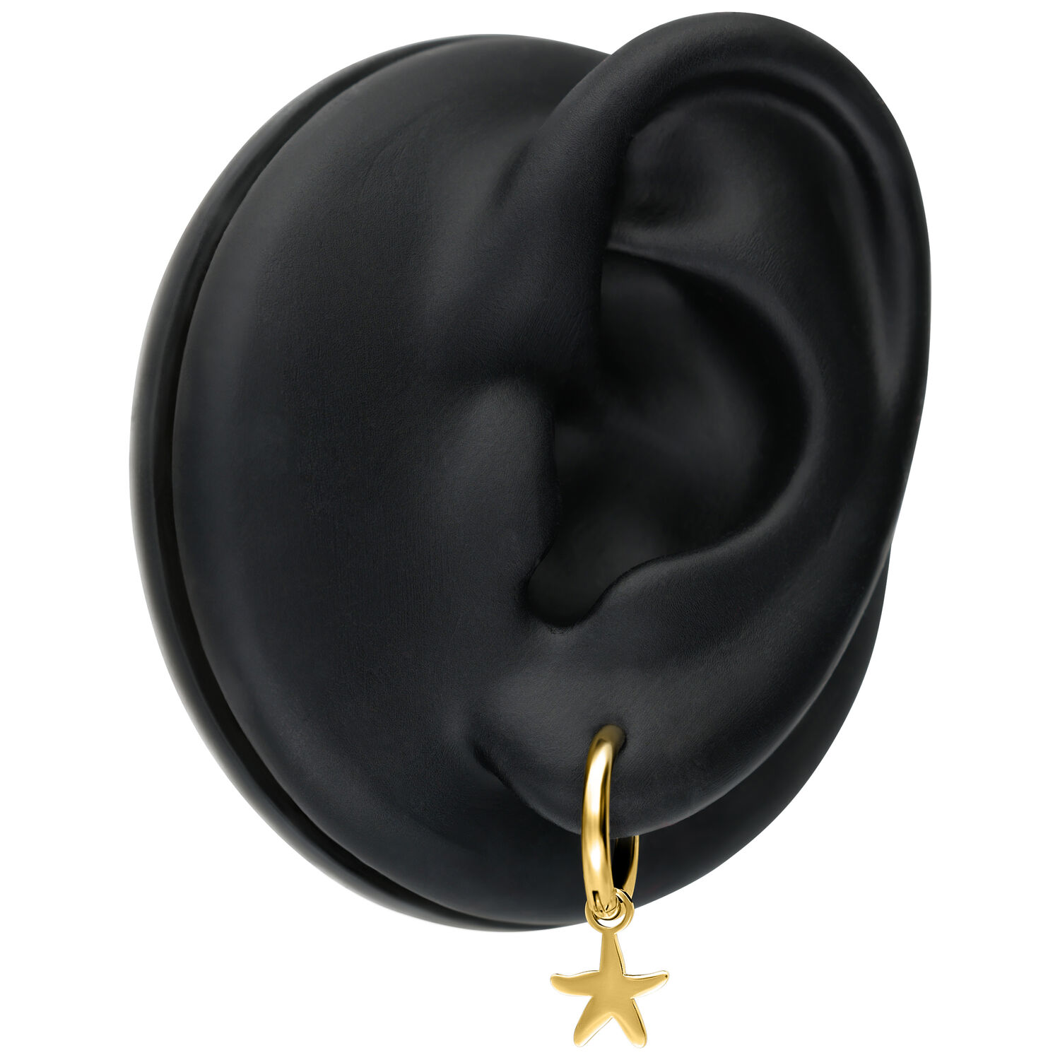 Mini Starfish Hoops Pendientes Dorados Pendientes dorados Starfish en modelo de oreja negra sobre fondo neutro