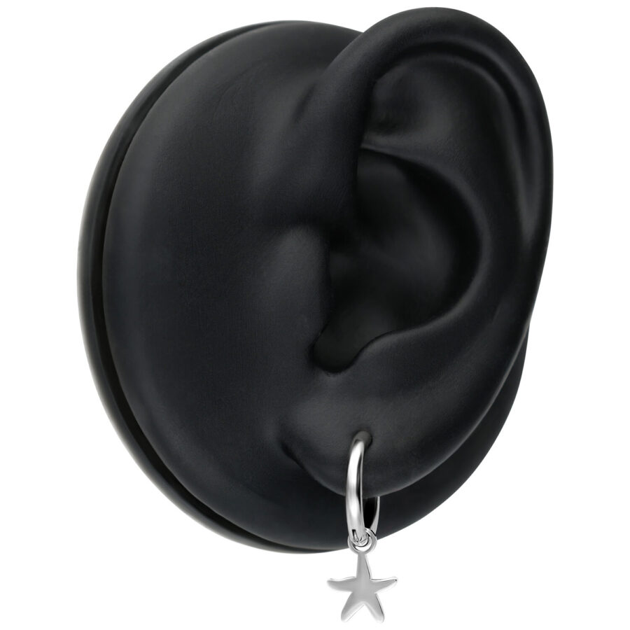 Pendientes mini de estrella de mar plateados en un maniquí de oreja negra