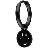 Mini Smiley Hoops Paar in Schwarz Schwarzer Ohrring mit Smiley-Anhänger auf weißem Hintergrund