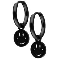 Mini Smiley Hoops Paar in Schwarz Schwarze Mini Smiley Ohrringe aus Chirurgenstahl auf weißem Hintergrund