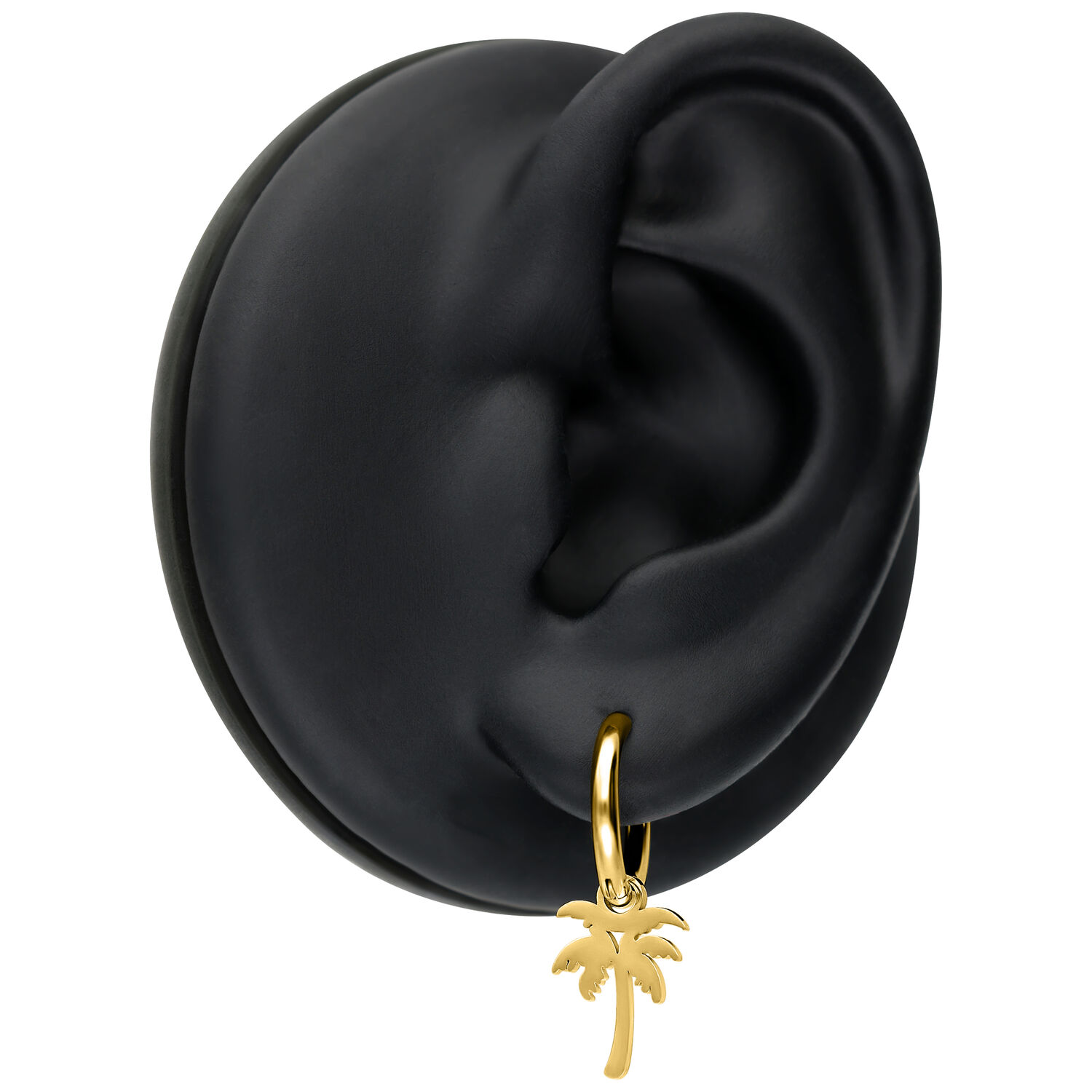 Aros Mini Palm Dorados en modelo de oreja negra sobre fondo blanco