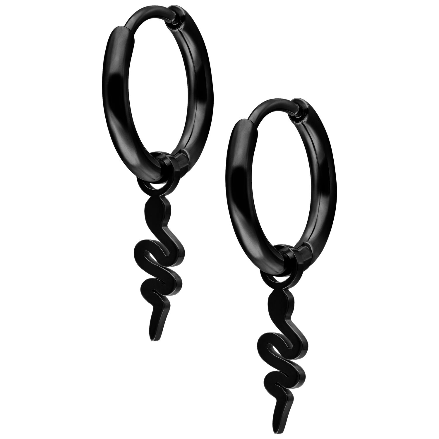 Mini Hoops Serpente in Schwarz Schwarze Ohrringe Mini Hoops Serpente aus Chirurgenstahl mit Schlangenanhänger