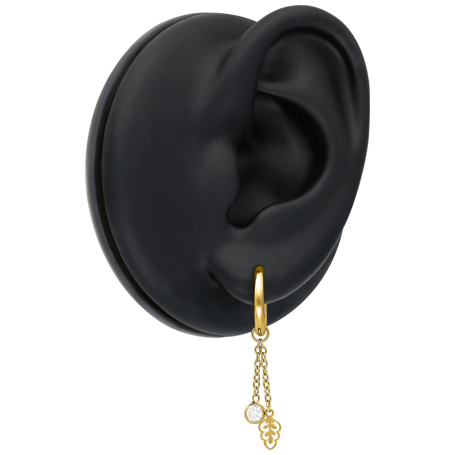Mini Aros de Hoja de Cristal en Oro Mini aros dorados con colgante de hoja de cristal en exhibidor de oreja negro