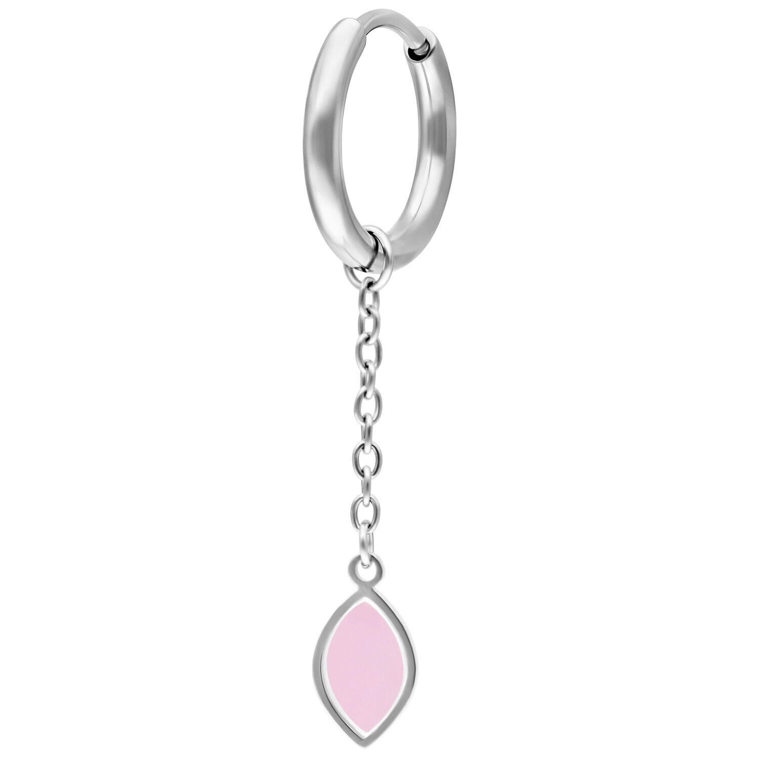 Silberner Hoop-Ohrring mit rosa Opal-Anhänger auf weißem Hintergrund