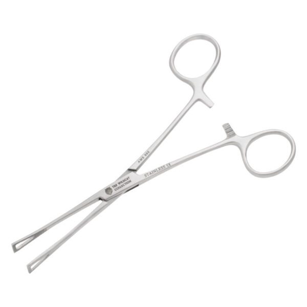 Pinza Micro Duval de acero inoxidable plateada sobre fondo blanco