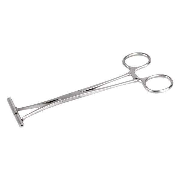 Pinza septum plateada de acero inoxidable sobre fondo blanco