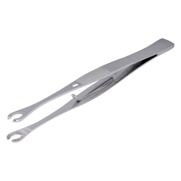 Pinza ovalada abierta plateada sobre fondo blanco, delgada y de acero inoxidable