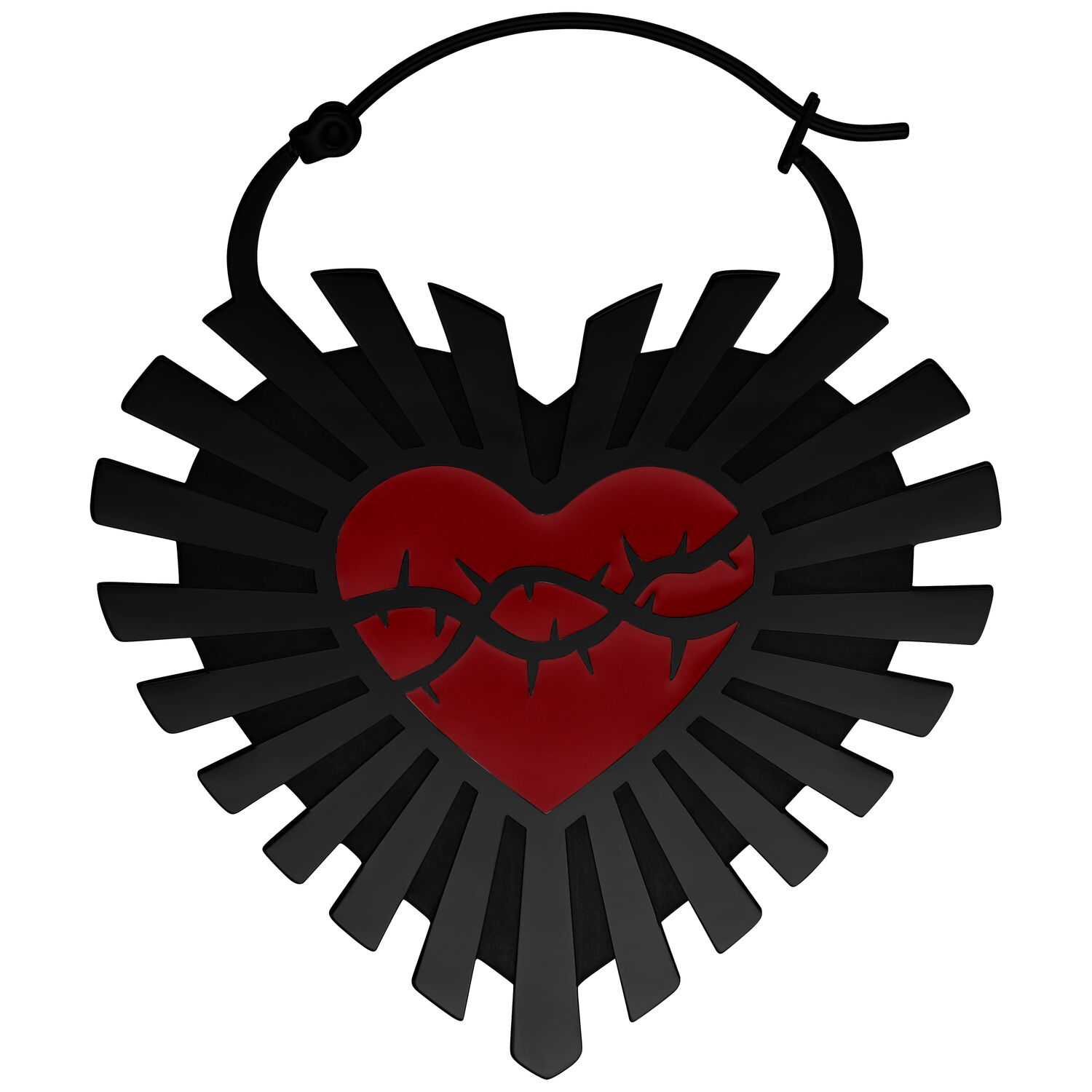 Schwarze Barbed Wire Sacred Heart Ohrringe Schwarze Ohrringe in Herzform mit Stacheldraht-Design auf weißem Hintergrund
