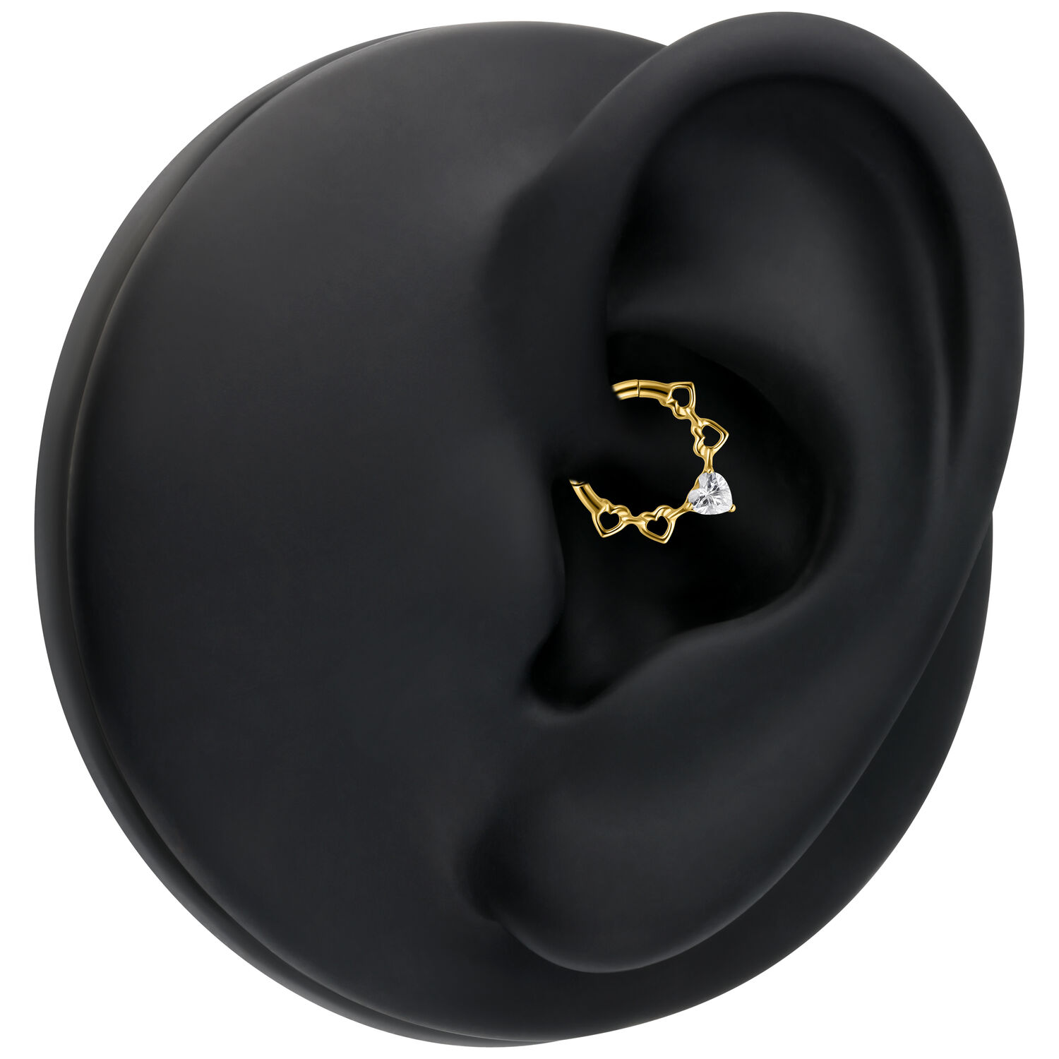 Clicker de septum dorado Crystal Hearts en la oreja Clicker de septum dorado con corazones de cristal en una oreja de modelo negra