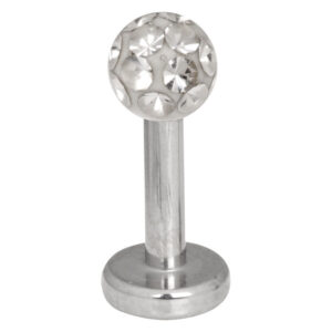 Silbernes Labret mit kristallklarer Kugel auf weißem Hintergrund