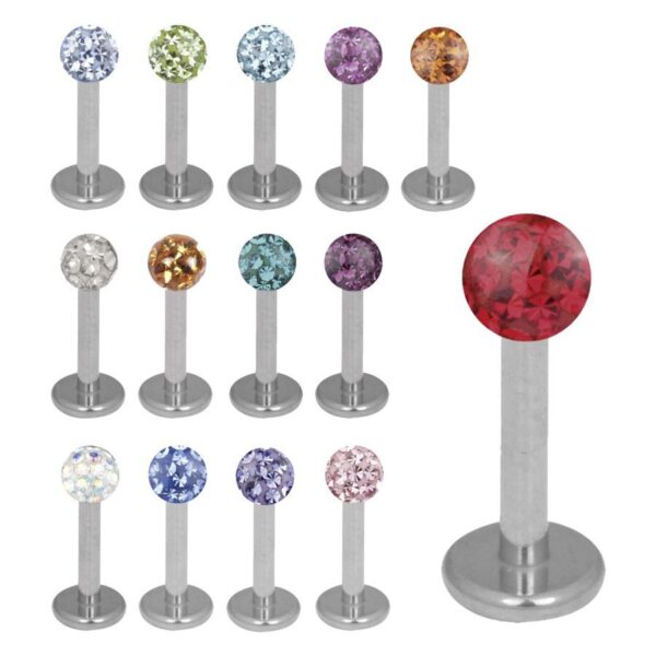 Labret plateado de titanio con varios colores de cristales sobre blanco