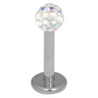 Silberner Titan Labret mit 3,0 mm Aurora Boreale Kristall auf weißem Hintergrund