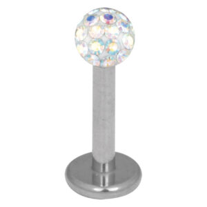 Silberner Titan Labret mit 3,0 mm Aurora Boreale Kristall auf weißem Hintergrund