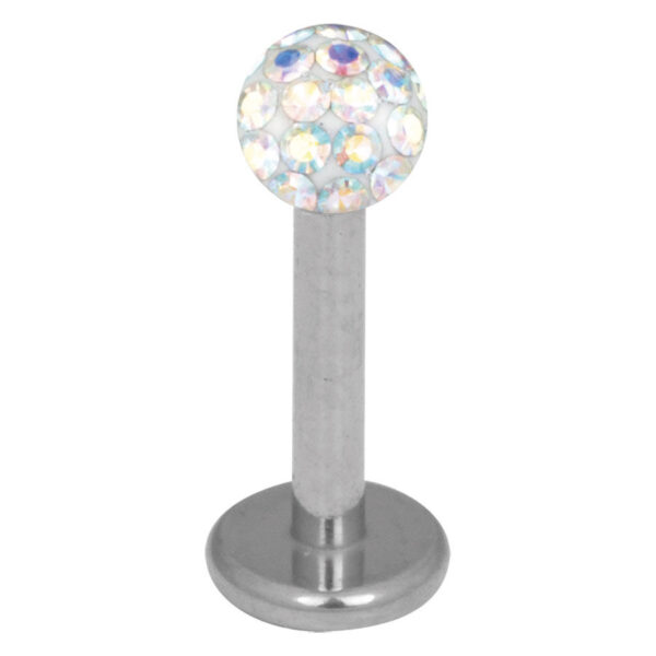 Labret de titan plateado con cristal Aurora Boreale de 3,0 mm sobre fondo blanco