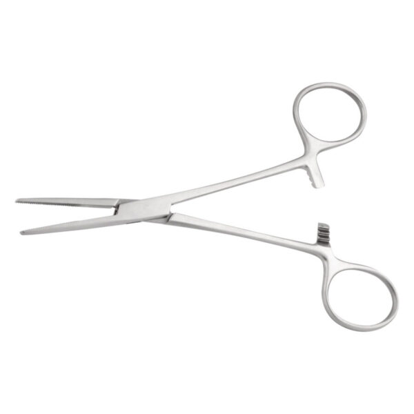 Pinza hemostática recta de acero inoxidable plateada sobre fondo blanco