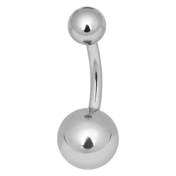 Piercing de ombligo Bananabell de titanio plateado con dos bolas sobre fondo blanco