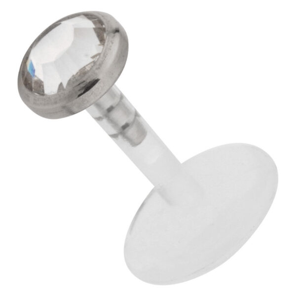 Micro labret plateado con cristal claro sobre fondo blanco